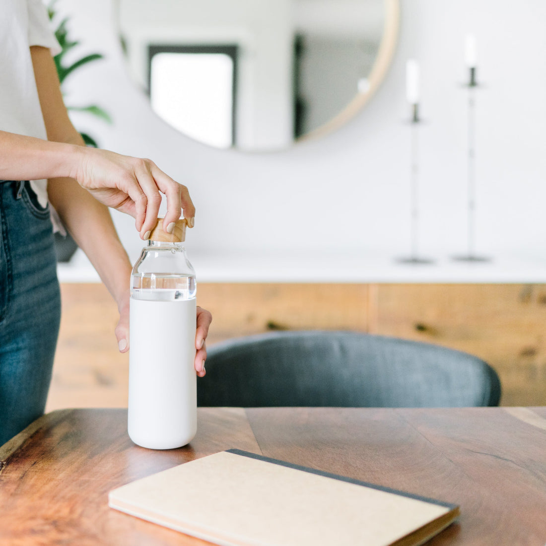 water bottle on table