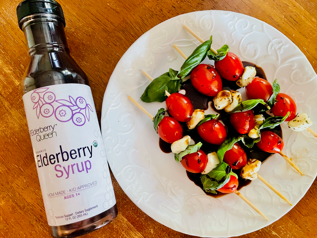 caprese skewers with elderberry balsamic glaze