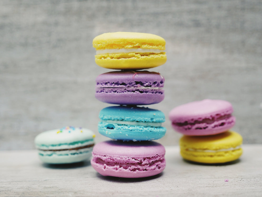 Macarons stacked, too much sugar is ruining your health.